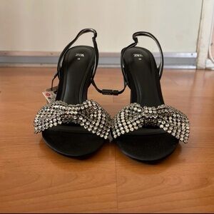 Zara Black Crystal Bow Slingback Heels